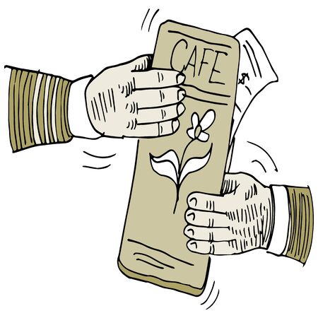 An image of two people fighting over who pays the bill.のイラスト素材