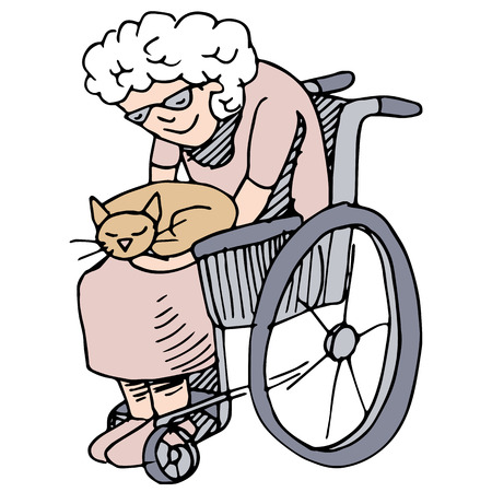 An image of a disabled woman holding her cat.のイラスト素材