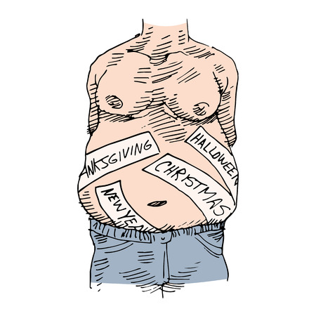 An image of a man gaining weight over the holidays.のイラスト素材