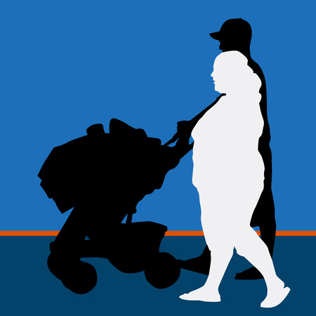 An image of a man pushing a baby carriage with his pregnant wife.のイラスト素材
