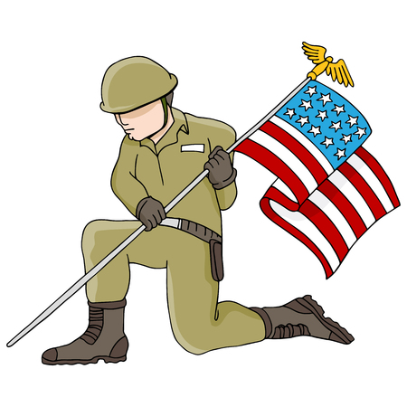 An image of a soldier holding an American flag.のイラスト素材