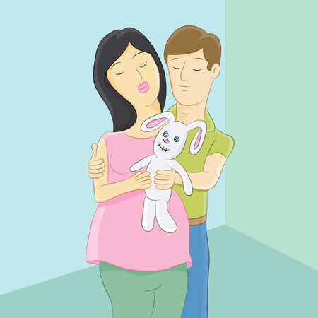 An image of an expectant mother and husband holding a baby toy.のイラスト素材