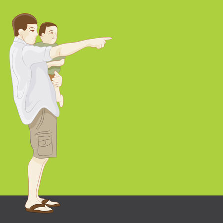 An image of a father pointing while holding his baby son.のイラスト素材