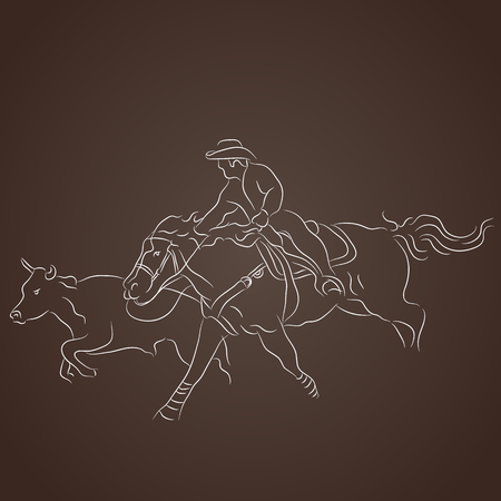 An image of a cowboy on a horse catching cattle.のイラスト素材