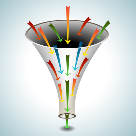 An image of a 3d funnel icon with merging arrows.のイラスト素材