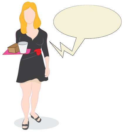 An image of a cocktail watress holding a drink tray with speech bubble.のイラスト素材