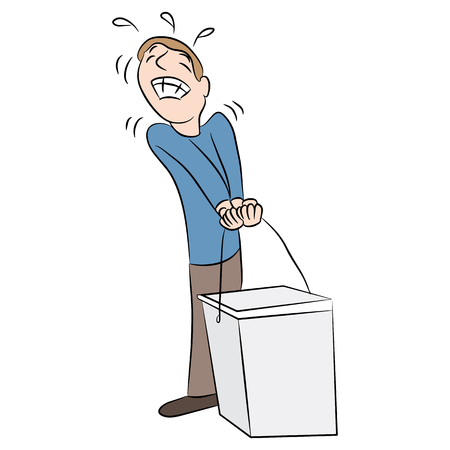An image of a cartoon man trying to lift a heavy container of cat litter.のイラスト素材