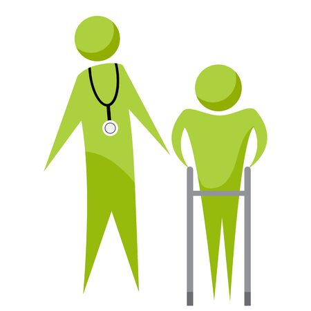An image of an abstract doctor with his senior patient using a walker.のイラスト素材