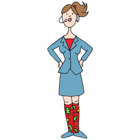 An image of a woman call center agent wearing christmas socks.のイラスト素材