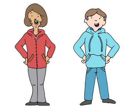 An image of a man and woman wearing hoodie pullover sweatshirts.のイラスト素材