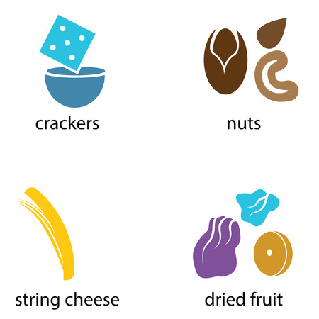 An image of a group of organic snack foods like crackers, nuts, string cheese and dried fruit.のイラスト素材
