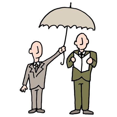 An image of a man sharing his umbrella with another man.のイラスト素材