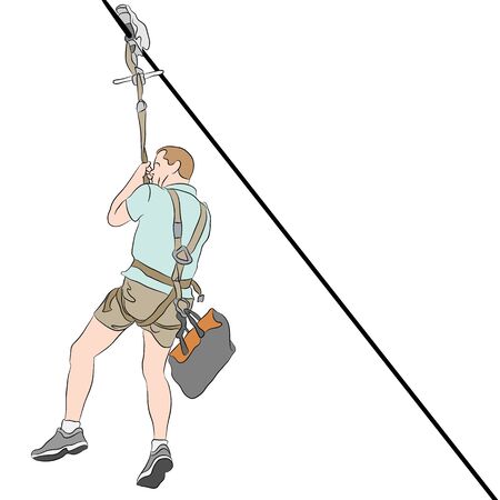 An image of a man wearing shorts  riding on a zip line.のイラスト素材