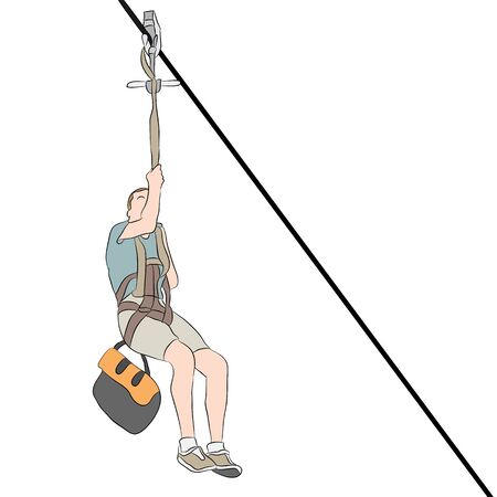 An image of a young skinny man riding on a zip line.のイラスト素材