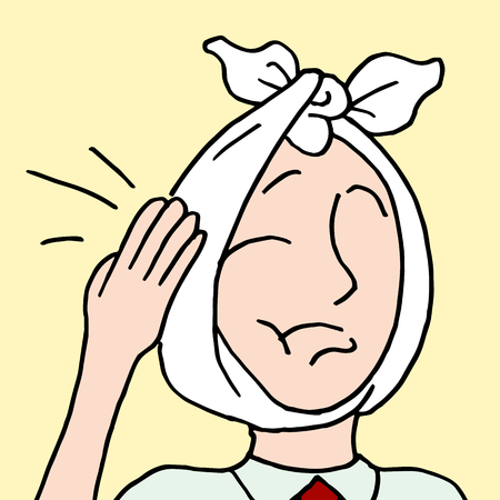 An image of a man with a toothache wearing bandage on his head.のイラスト素材