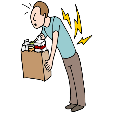 An image of a man having back pain while carrying groceries.のイラスト素材