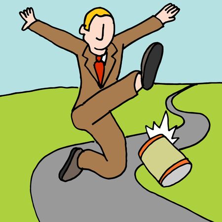 An image of a man kicking can down the road metaphor.のイラスト素材