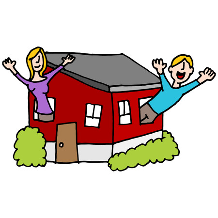 An image of a people waving from a tiny house.のイラスト素材