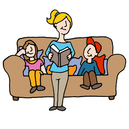 An image of a baby sitter reading to children.のイラスト素材