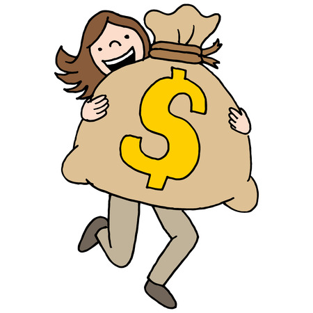 An image of a woman carrying a large moneybagのイラスト素材
