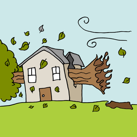 An image of a trees falling on house on a windy day.のイラスト素材