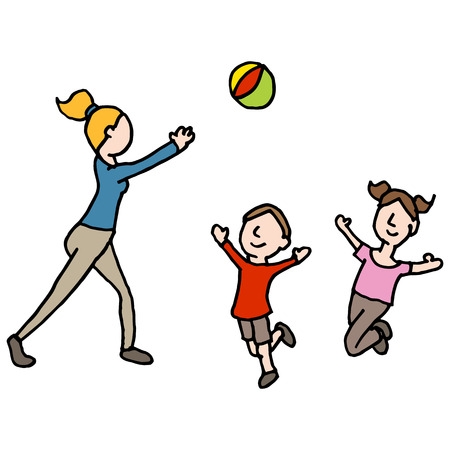 An image of a baby sitter playing ball with childrenのイラスト素材