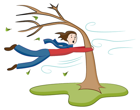 An image of a Man Holding On To Tree on Windy Day.のイラスト素材
