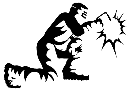 An image of a Welder Welding Kneeling Black White Drawing.のイラスト素材