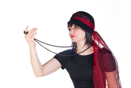 beauty girl in black dress and hat isolated on white background