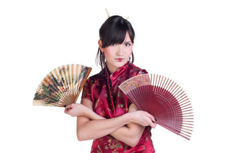 beauty geisha with two wood fans isolated on white backgroundの写真素材