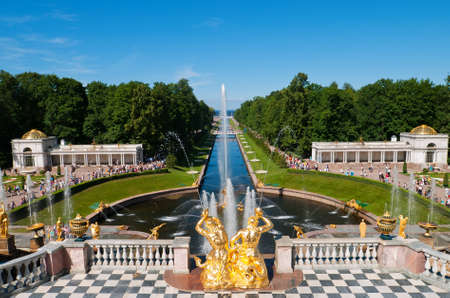 lower park with canal and golden statues of the Peterhof. Russia, St.Petersburg, Petrodvorets.の写真素材