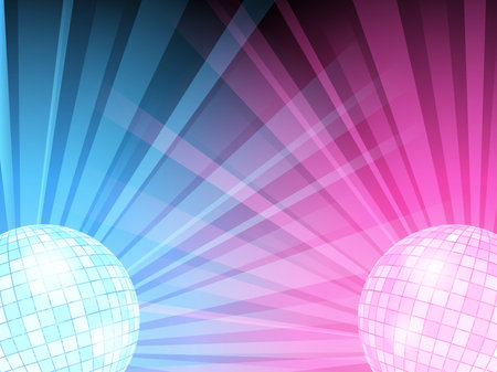  illustration of blue and pink disco balls with light beams. のイラスト素材