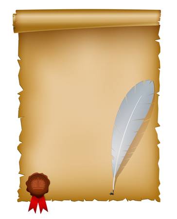 Vector illustration of old paper sheet with feather and seal wax stamp. EPS 10 with mesh.のイラスト素材