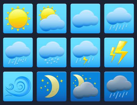 Set of vector colorful weather icons on blue buttonsのイラスト素材