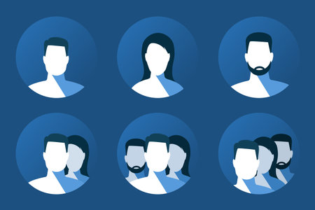 Set of users and team avatars on blue abckground and with long shadowのイラスト素材
