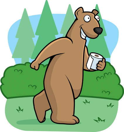 A happy cartoon bear in the woods with toilet paper.のイラスト素材