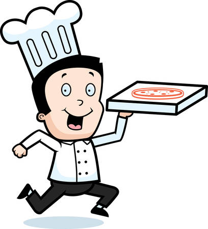 A happy cartoon boy delivering a pizza.のイラスト素材
