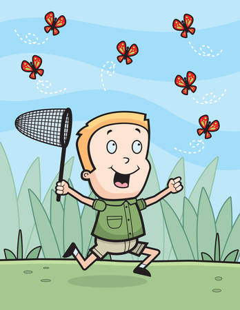 A happy cartoon boy chasing butterflies with a net.のイラスト素材