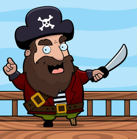 A happy cartoon pirate on the deck of a ship.のイラスト素材