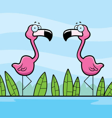 Two cartoon pink flamingos standing in water.のイラスト素材