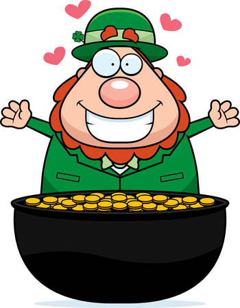 A happy cartoon leprechaun with a pot of gold.のイラスト素材