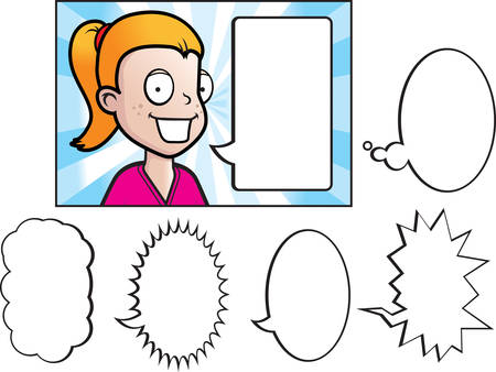 A cartoon girl talking with a variety of word bubbles.のイラスト素材