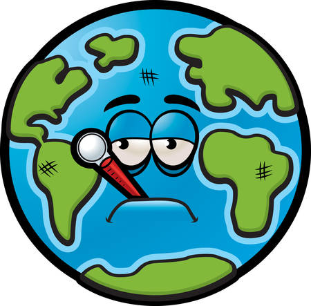 A sick cartoon Earth with a thermometer in his mouth.のイラスト素材