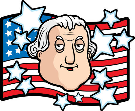 A cartoon George Washington in front of an American flag.のイラスト素材