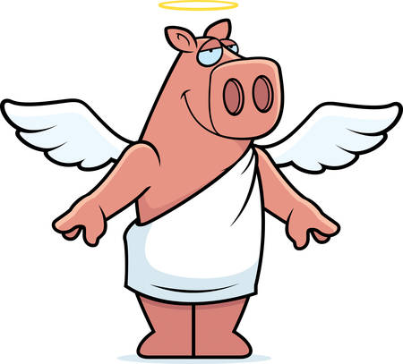 A happy cartoon pig with angel wings and halo.のイラスト素材