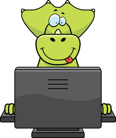 A happy cartoon dinosaur with a computer.のイラスト素材
