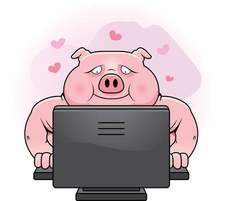 A happy cartoon pig using an internet dating site.のイラスト素材