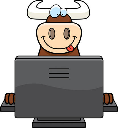 A happy cartoon bull with a computer.のイラスト素材