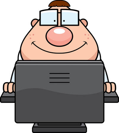 A cartoon nerd in front of a computer.のイラスト素材