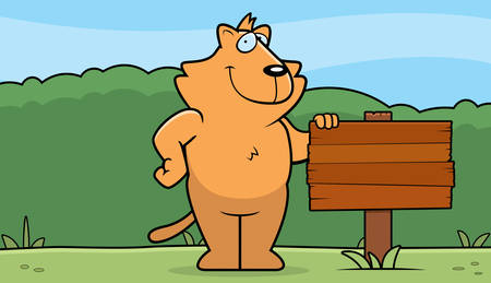 A happy cartoon cat with a wooden sign.のイラスト素材